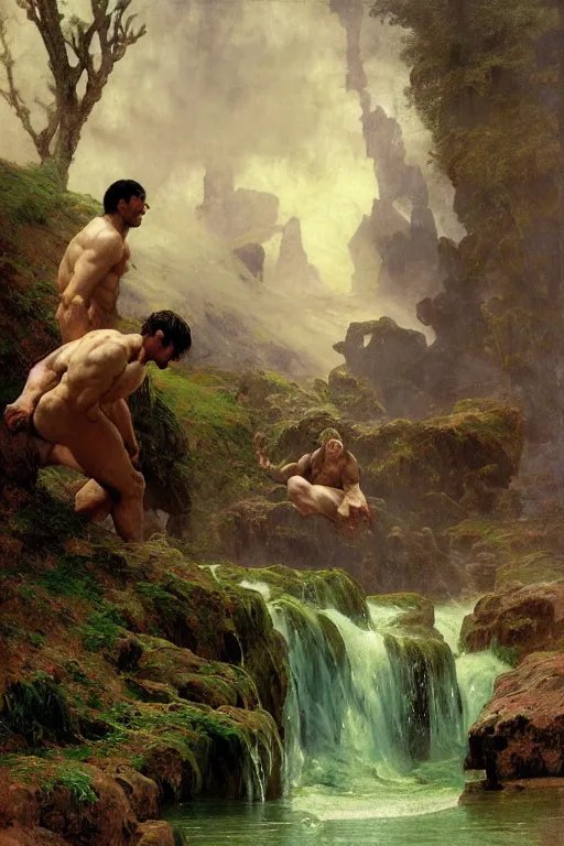 Image similar to martyn fords as huge muscular demon with ram's horns and emerging from lake in rockies, water splashing cascading, beautiful day, by albert bierstadt, ruan jia, lawrence alma tadema, zdzislaw beksinski, norman rockwell, jack kirby, tom lovell, greg staples