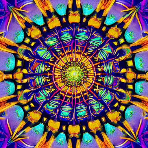 Prompt: a vibrant psychedelic tapestry full of sacred geometry, artstation