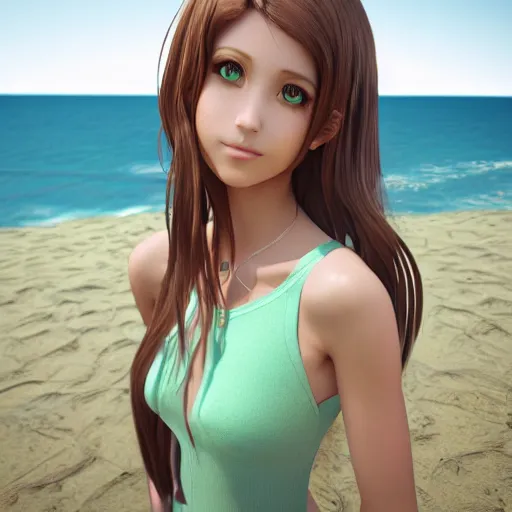 Prompt: Render of a beautiful 3d anime woman, long bronze brown hair, green eyes, cute freckles, full round face, soft smile, cute sundress, soft focus, golden hour, serene beach setting, medium shot, mid-shot, hyperdetailed, trending on Artstation, Unreal Engine 4k