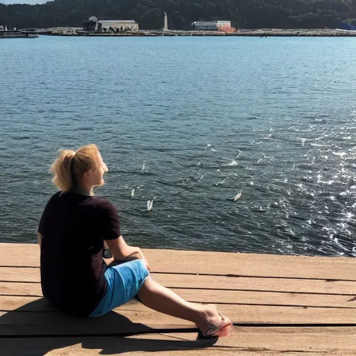 Prompt: a woman sits by the harbour and the sea is calling to her