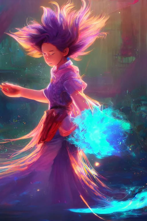 Image similar to girl sorcerer with colorful hair, learning use magic. radiating colorful energy. photorealistic, magical atmosphere,, holographic undertones, highly saturated colors, by kan liu, andreas rocha, guillaume tholly, gthl. art, makoto shinkai, genshin impact, studio ghibli. trending on artstation. award winning, daily deivation