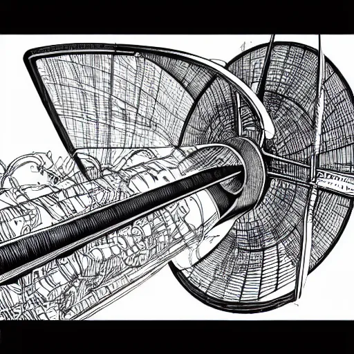 Image similar to hyper detailed comic illustration of a wind turbine blueprint, black ball pen on white paper, by Josan Gonzalez and Geof Darrow, simplistic