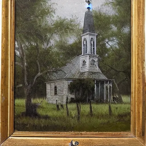 Image similar to 1 9 e century southern gothic scene, old white wooden church in bayou swamps, in louisiana, old painting style claude gellee