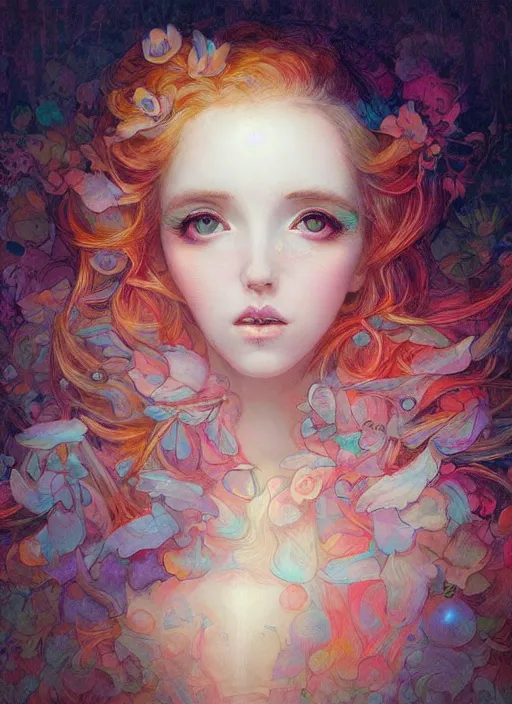 Image similar to of ethereal fantasy, young beautiful Amouranth, elegant, ethereal dreamy light, art by James Jean, james jean pastiche