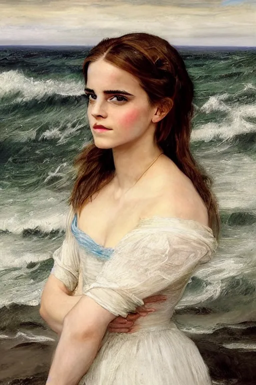 Image similar to a true-to-life portrait of Emma Watson against a backdrop of an ocean painted by John Everett Millais, real-life accurate, photoshoot