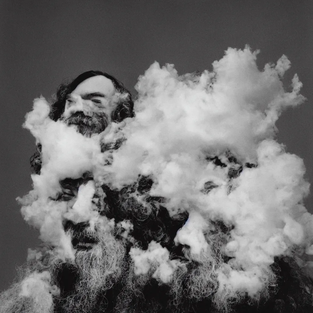 Image similar to An Alec Soth portrait photo of the moon, a cloud of Orson Welles as Falstaff floats in the sky, the moon is wearing several horse-hair wigs, Falstaff's face is also on the moon