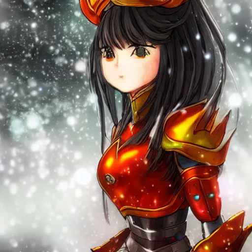 Prompt: portrait focus of knight beautiful 3D anime girl, fire armor wearing, dark forest background, snowing, bokeh, inspired by Masami Kurumada, digital painting, high contrast, unreal engine render, volumetric lighting, high détail