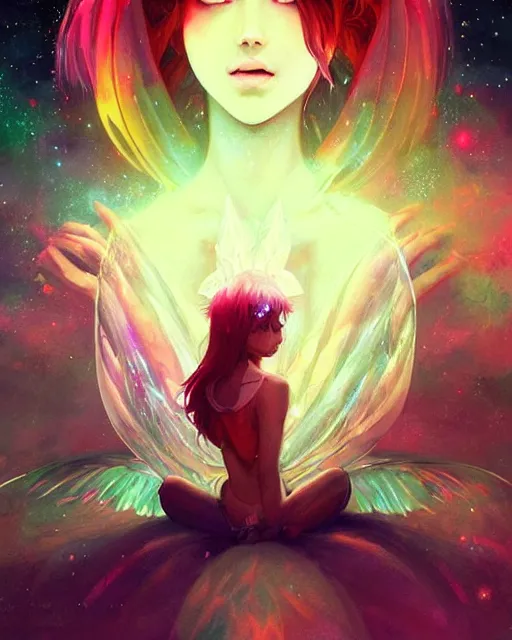 Image similar to a detailed digital art of an attractive!!!! girl with psychedelic! fairy wings sitting under the night sky and holding!! a crystal!! containing all of reality and galaxies, by greg rutkowski artgerm ilya kuvshinov. anime! dramatic lighting, cinematic angle, heavy contrast