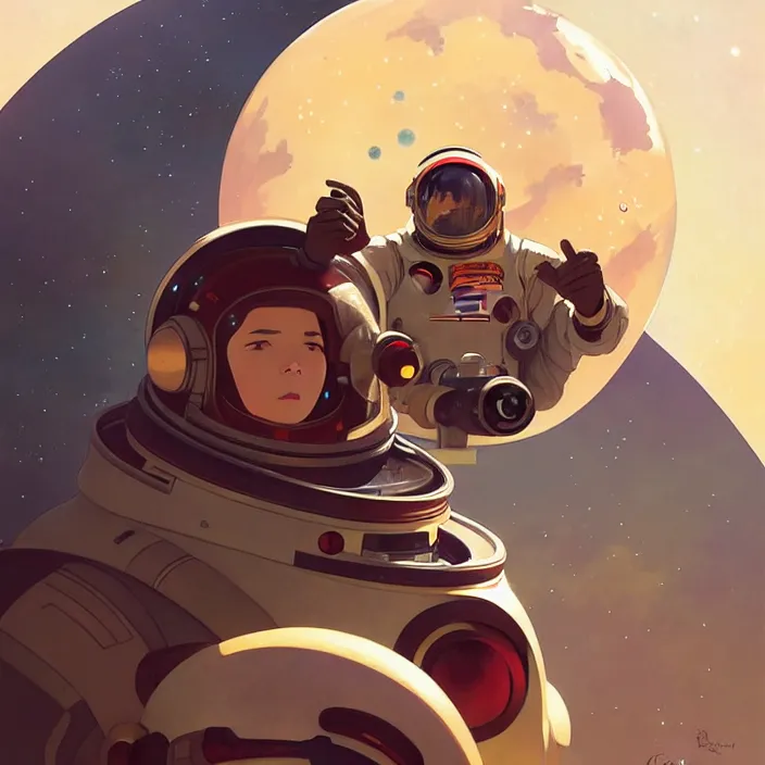 Image similar to space ship pilot in the style of studio ghibli, j. c. leyendecker, greg rutkowski, artem