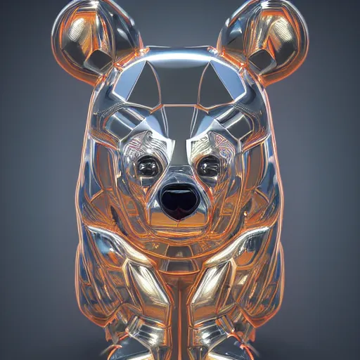 Image similar to chrome bear, glossy, metallic, neon, symmetrical, tribal patterns, realistic, unreal engine, octane, redshift, artstation, behance