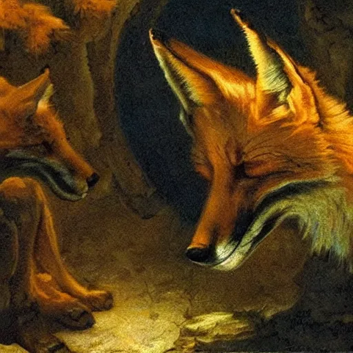 Prompt: a Fox explores a Dungeon, luminous, Renaissance Painting