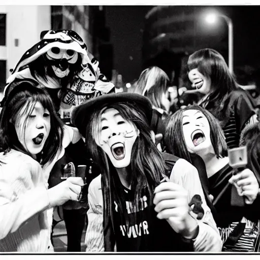 Prompt: group of people having fun on Halloween in Shibuya, amateur film photographer