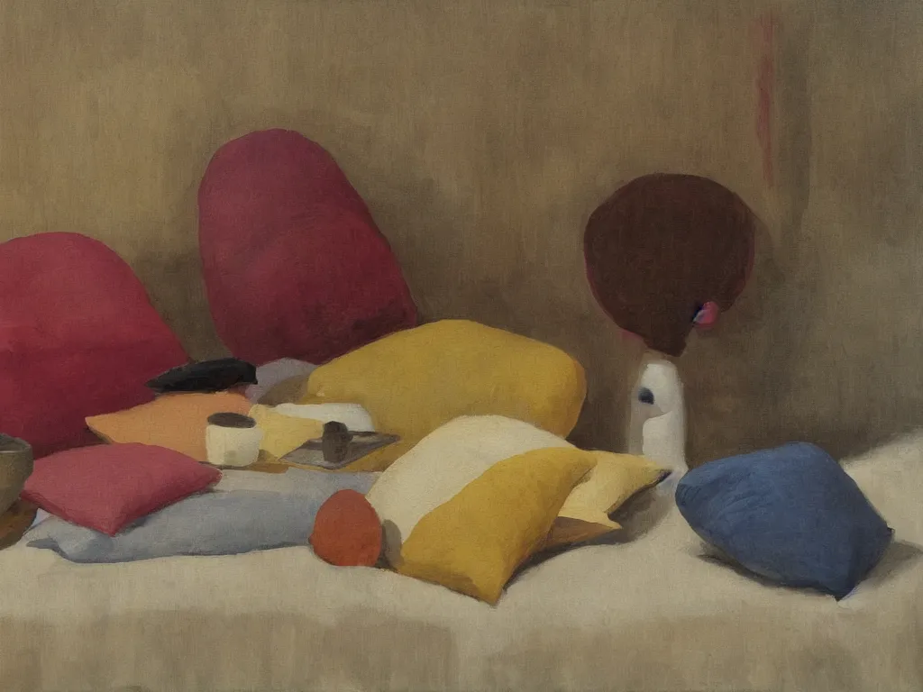 Prompt: still life with a zafu meditation pillow. Painting by Matthias Weischer