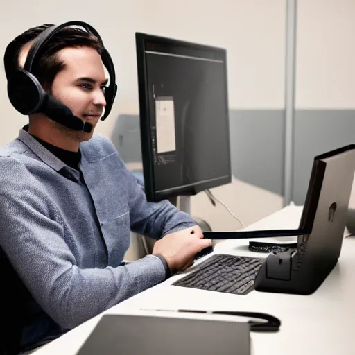 Image similar to the typical reddit moderator, using their computer while wearing a headset