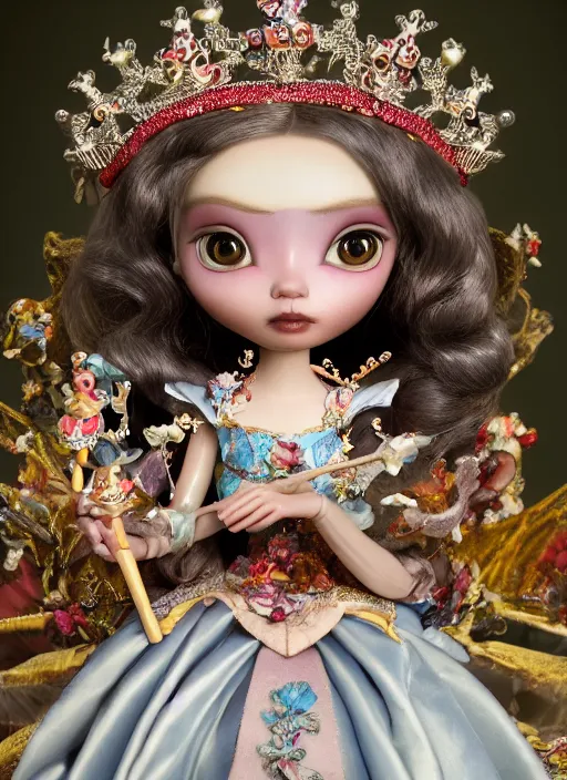 Image similar to closeup portrait of tin toy fairytale princess wearing a crown, depth of field, zeiss lens, detailed, symmetrical, centered, fashion photoshoot, by nicoletta ceccoli, mark ryden, lostfish, breathtaking, 8 k resolution, extremely detailed, beautiful, establishing shot, artistic, hyperrealistic, octane render