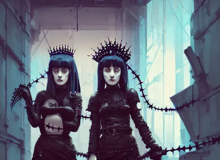 Image similar to portrait of two cute goth maiden girls with crown of thorns and white short hairs, dressed in leather belts, warhammer, cyberpunk, by atey ghailan, by greg rutkowski, by greg tocchini, by james gilleard, by joe gb fenton, by kaethe butcher, dynamic lighting, gradient light blue, brown, blonde cream and white color in scheme, grunge aesthetic