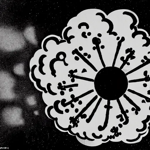 Image similar to an atomic explosion that looks like a clown and is made of smaller clowns