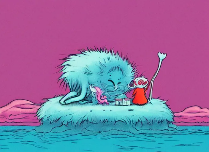 Image similar to dr. seuss sad lonely pretty pink fluffy depressed creature on an island | female | cute but very sad | pity | midnight paintings | intricate detail | bold colors | illustration | lonely barren dreary island | detailed environment