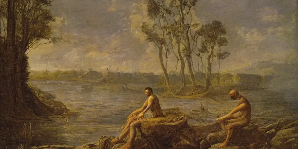 Image similar to a man sits at the edge of a river in the underworld waiting for the ferryman charon, beksinksi