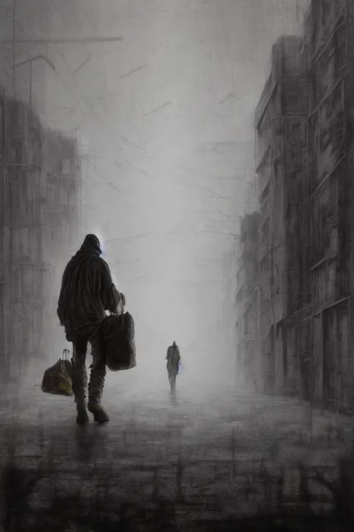 Prompt: man carrying many bags full of groceries, walking in a post - apocalyptic abandoned city, zdzislaw beksinski, lewis jones, dariusz zawadzki, wayne barlow, cold hue's, warm tone gradient background, concept art, digital painting