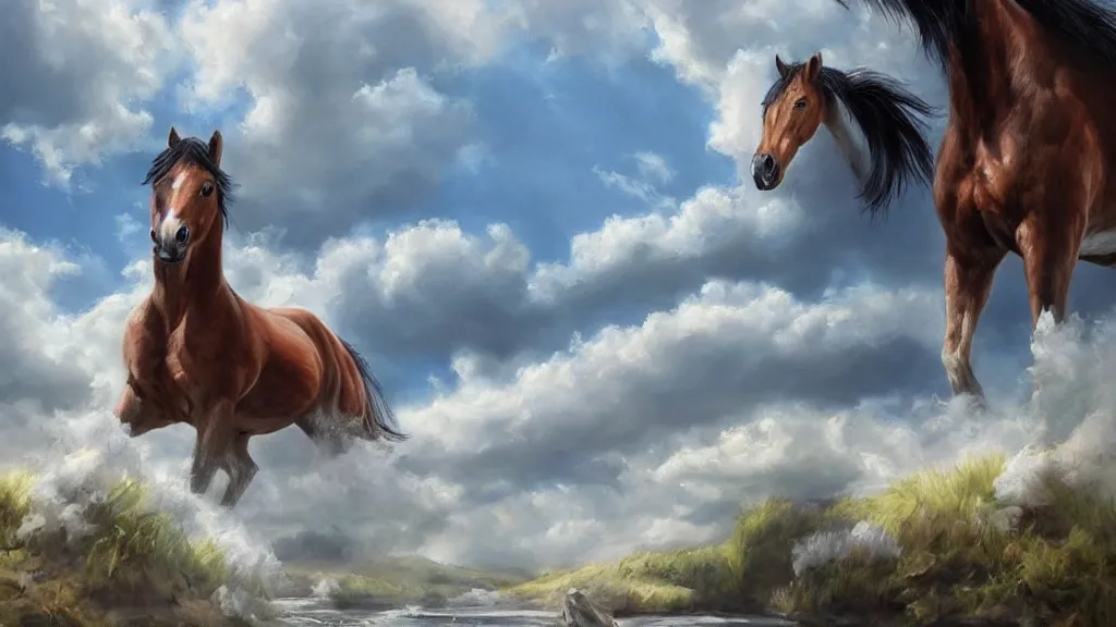 Prompt: very realistic oil painting of horse made of clouds , beautiful, highly detailed, masterpiece, next to a small crystal clear river, Hearthstone style