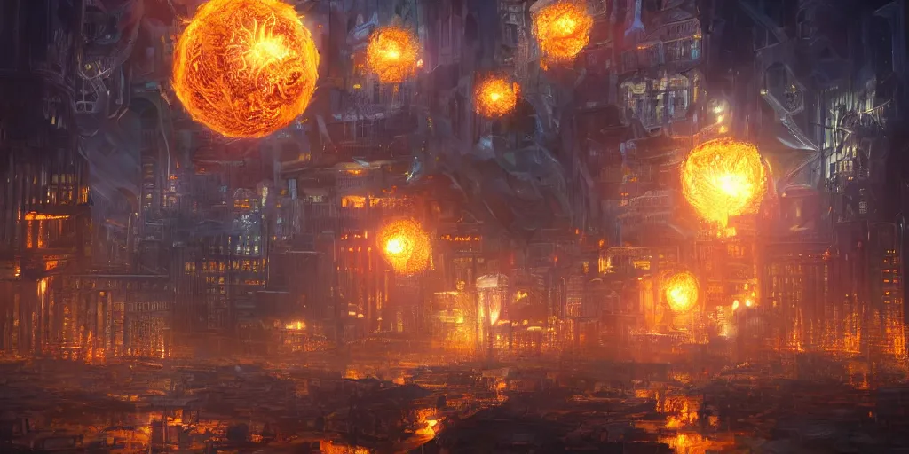 Image similar to fantasy city at night while giant ball of fire crashes to the ground, surreal, digital art, concept art, highly detailed, trending on artstation