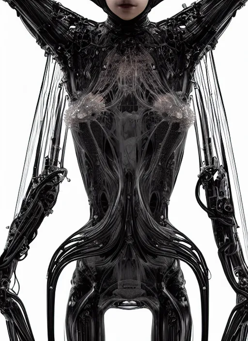 Image similar to iris van herpen gothic inflateble dark dress, perfect symmetrical body, helmet on face, full body shot, inflateble shapes, wires, tubes, veins, jellyfish, white biomechanical details, wearing epic bionic cyborg implants, masterpiece, intricate, biopunk, vogue, highly detailed, artstation, concept art, cyberpunk, octane render