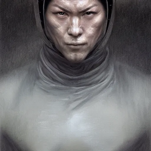 Prompt: photorealstic portrait of a ninja, detailed, centered, digital painting, artstation, concept art, by donato giancola, Sean Yoro, Greg Rutkowski, trending on Artstation, Joseph Christian Leyendecker, WLOP, Boris Vallejo, dark, moody, foggy