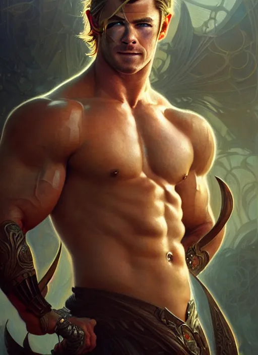 Image similar to chris hemsworth, muscular, fantasy, intricate, elegant, highly detailed, digital painting, artstation, concept art, smooth, sharp focus, illustration, art by artgerm and greg rutkowski and alphonse mucha