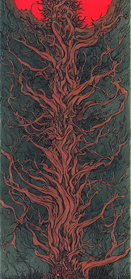 Image similar to a demonic tree with red eyes by rebecca guay, 8 k, drawing