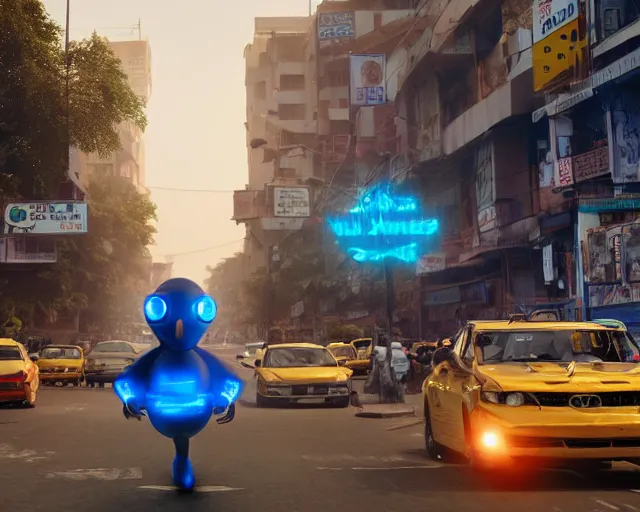 Image similar to A cyborg duck directing traffic in a busy street in India. Sharp focus, futuristic style, cyberpunk, volumetric lighting, 8K high definition, highly detailed, trending on artstation