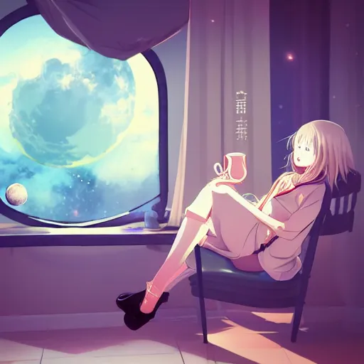 Image similar to a beautiful anime woman enjoying a cup of tea while sitting on a reclining chair in her room and looking at the moon from her window, anime, concept art, trending on artstation 3D.