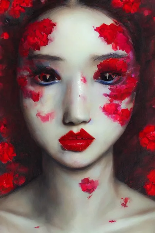 Image similar to beautiful woman's fractured face blended with red flowers jacky tsai style, pale skin, make up, acrylic on canvas