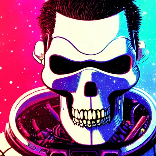 Prompt: close up portrait of a 28rd century Space Pirate by James Jean Dan Mumford Strongstufftom, most wanted warhammer 40k pirate, space skull helmet, dark thief data traveler, Ghost in the shell, Akira, anime cyberpunk, Blade Runner