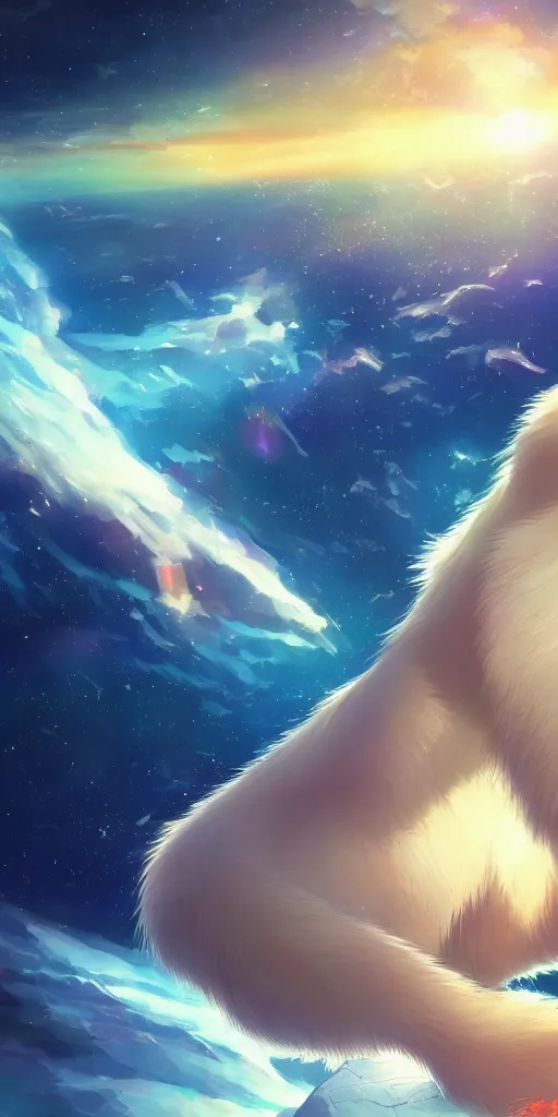 Image similar to a beautiful illustration of a polar bear in space, beautiful woman, wide angle, by makoto shinkai, wu daozi, very detailed, deviantart, 4 k vertical wallpaper, tropical, colorful, airy, anime illustration, anime nature wallpap