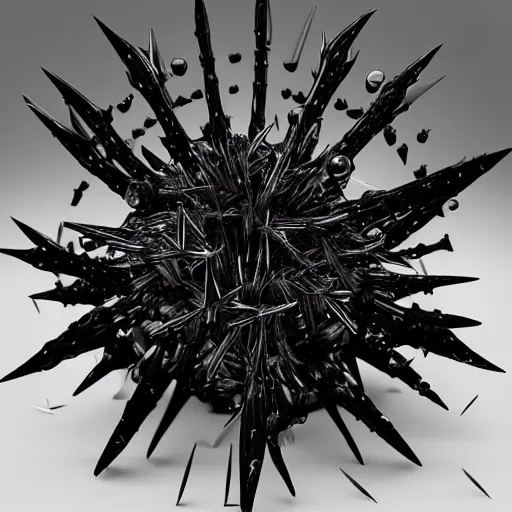 Image similar to Ferrofluid, evil nanobot, organic liquid metal, alien bioweapon, generative technology, mechanical morph engine, gears of death, conspiracy theory, spikes, pins, needles, thorns, nails