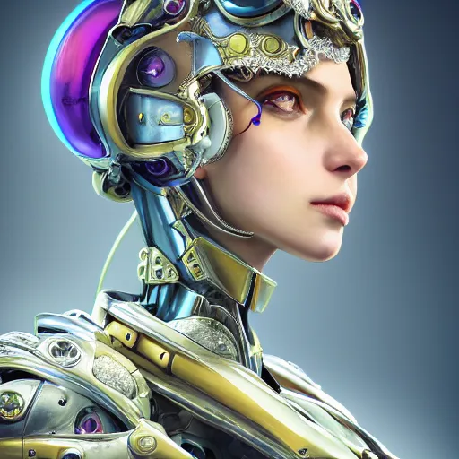 Image similar to studio portrait of lawful good colorful female holy mecha paladin absurdly beautiful, elegant, young sensual graceful woman, ultrafine hyperrealistic detailed face illustration by kim jung gi, irakli nadar, intricate linework, sharp focus, bright colors, matte, octopath traveler, final fantasy, unreal engine highly rendered, global illumination, radiant light, intricate environment