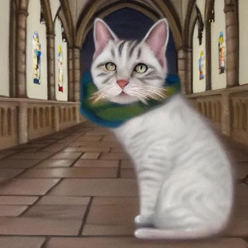 Image similar to oil painting extreme wide shot of a [ white and grey tabby cat ] wearing a [ hufflepuff scarf ], in the gloucester cathedral cloisters