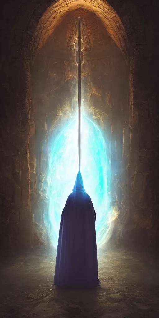 Image similar to a wizard in a cloak standing in front of a portal to wisdom, tall door, high ceiling, magic light, light beam, cinematic atmosphere, high definition, ultra detailed