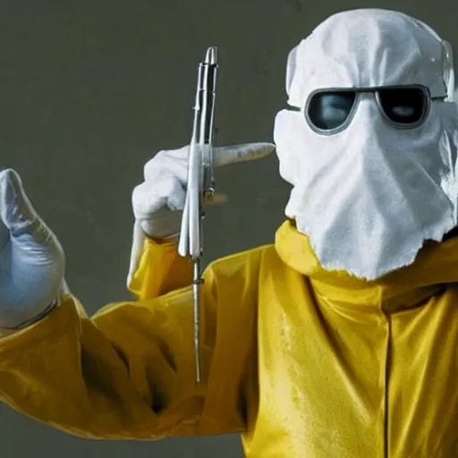 Prompt: Saruman the White wearing a yellow hazmat suit with a 3M gasmask on his head like Walter White in Face Off
