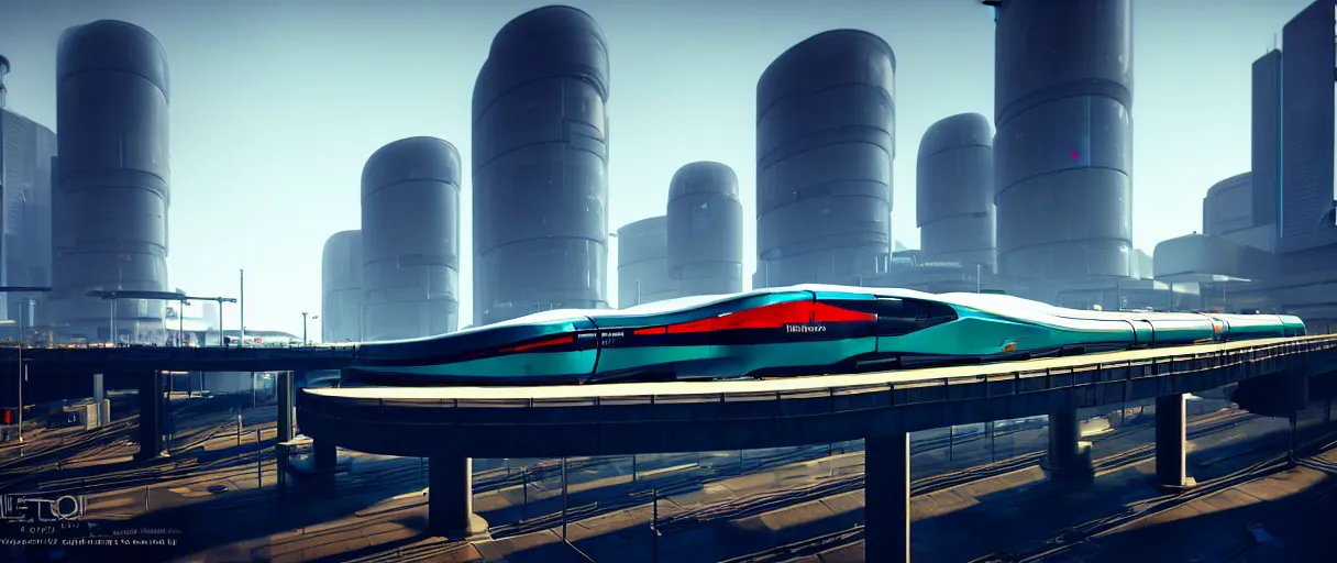 Prompt: futuristic city center with 890J maglev train in background, modern landscape architectural design for brutalist industrialpunk black and white concrete and glass, train with maroon, white and teal metallic accents, gorgeous lighting, golden hour, cyberpunk, 2077, dramatic lighting and composition, photography, 8k, origin 100i, star citizen concept art, single line, central focus, golden ratio, minimalistic composition, side profile, Tokyo, JR sc Maglev, TGV, Eurostar