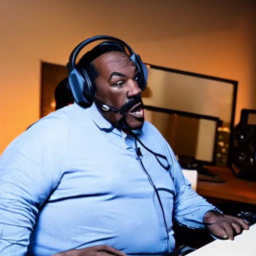 Image similar to obese Eddie Murphy wearing a headset yelling at his monitor while playing WoW highly detailed wide angle lens 10:9 aspect ration award winning photography by David Lynch esoteric erasure head