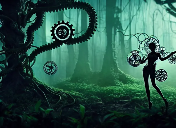 Prompt: silhouette of an intricate mechanical fairy with visible gears having tea with a cyborg winged horned demon medusa in a magical forest. Very detailed 8k. Fantasy cyberpunk horror. Sharp. Cinematic post-processing