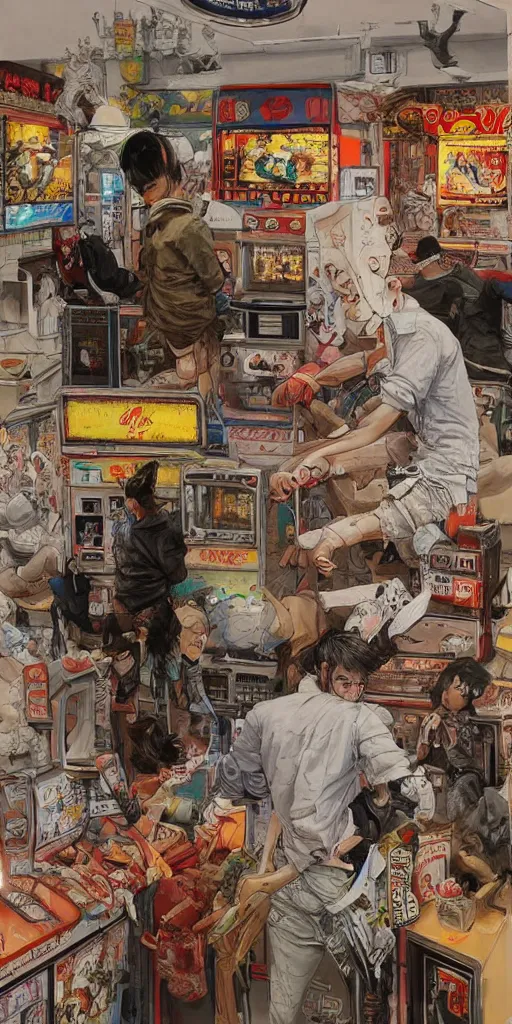 Image similar to oil painting scene from amusement arcade by kim jung gi