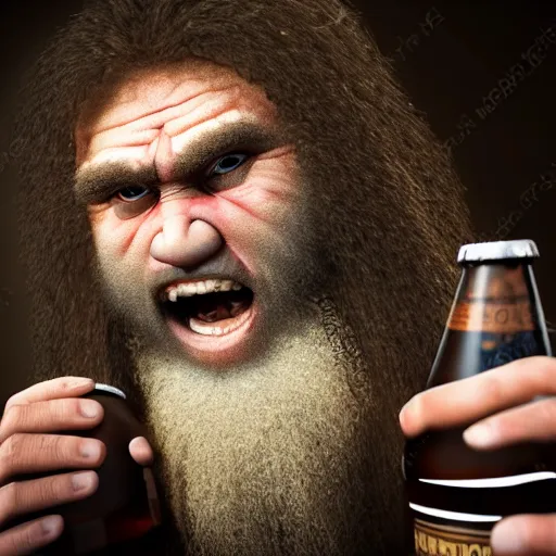 Prompt: photo of ancient caveman surprised to discover beer for the first time, high detail, ultra realistic, 4k UHD, pristine