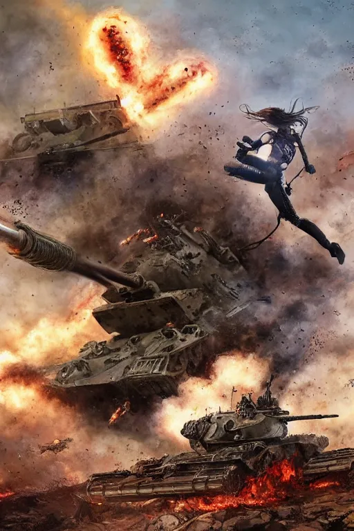 Image similar to a cyborg woman leaping onto a wwi tank and smashing it, on a battlefield, smoke, fires, explosions, in the style of noriyoshi ohrai, close - up, low angle, wide angle, cinematic, hyper - realistic, highly detailed digital art