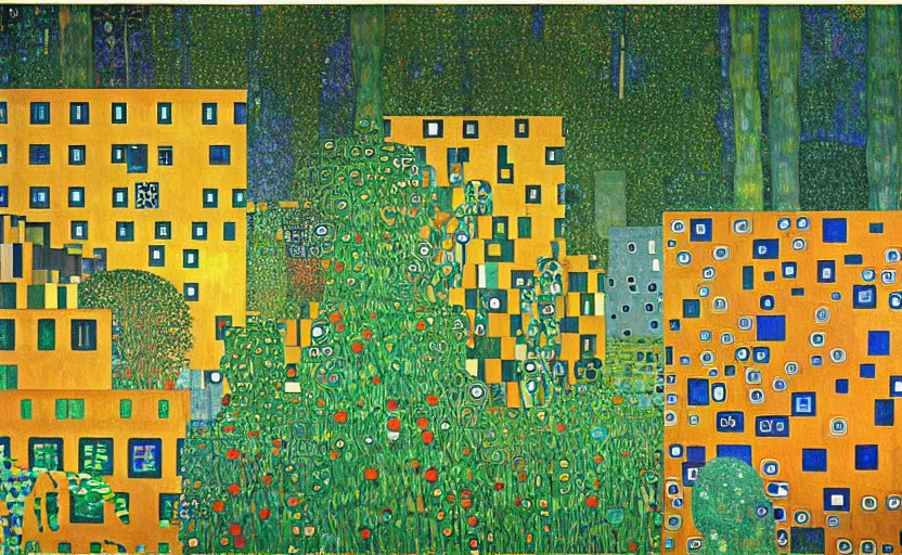 Image similar to geometric painting of industrial buildings surrounded by undergrowth by gustav klimt