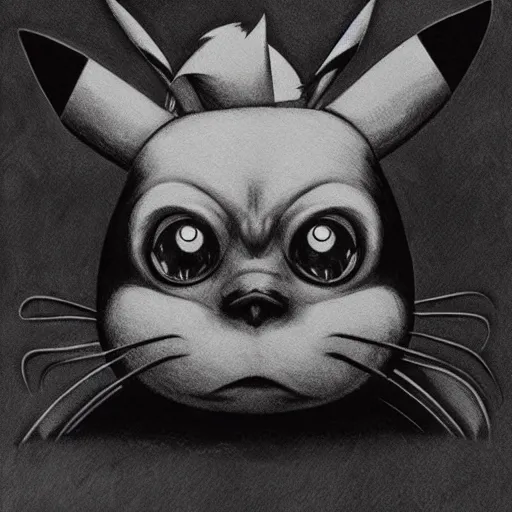 Image similar to a photorealistic pikachu by tim burton. Gothic. Portrait. Detailed.