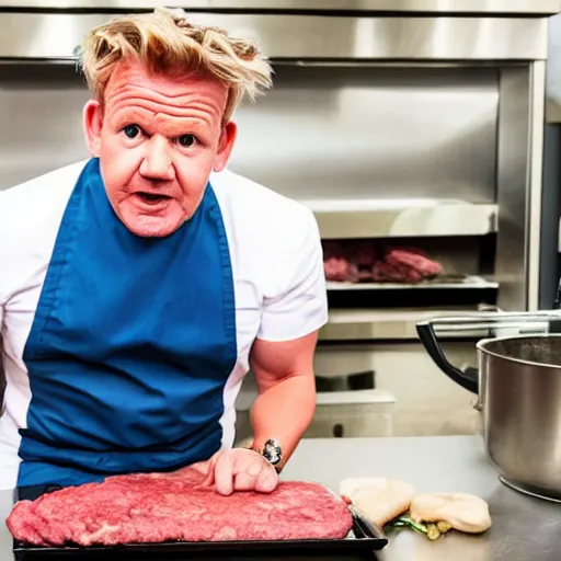 Image similar to photo of gordon ramsay cooking muppet meat