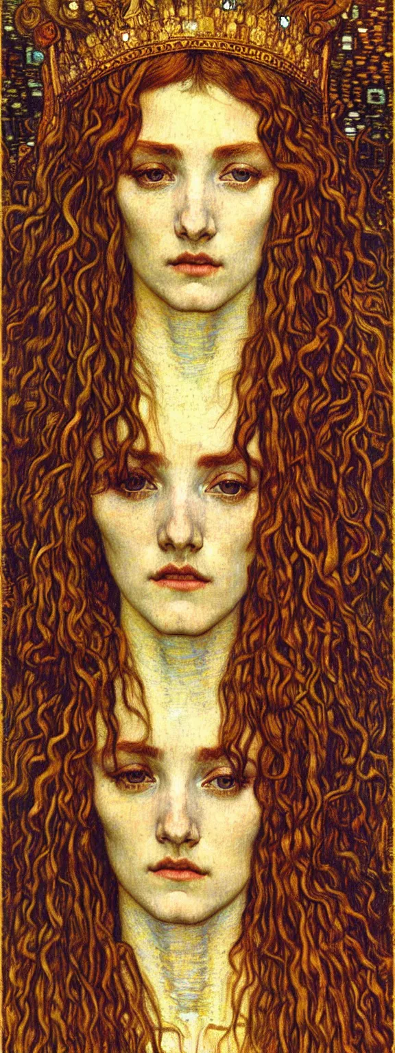 Image similar to detailed realistic beautiful young medieval queen face portrait by jean delville, gustav klimt and vincent van gogh, art nouveau, symbolist, visionary, gothic, pre - raphaelite, muted earthy colors, desaturated